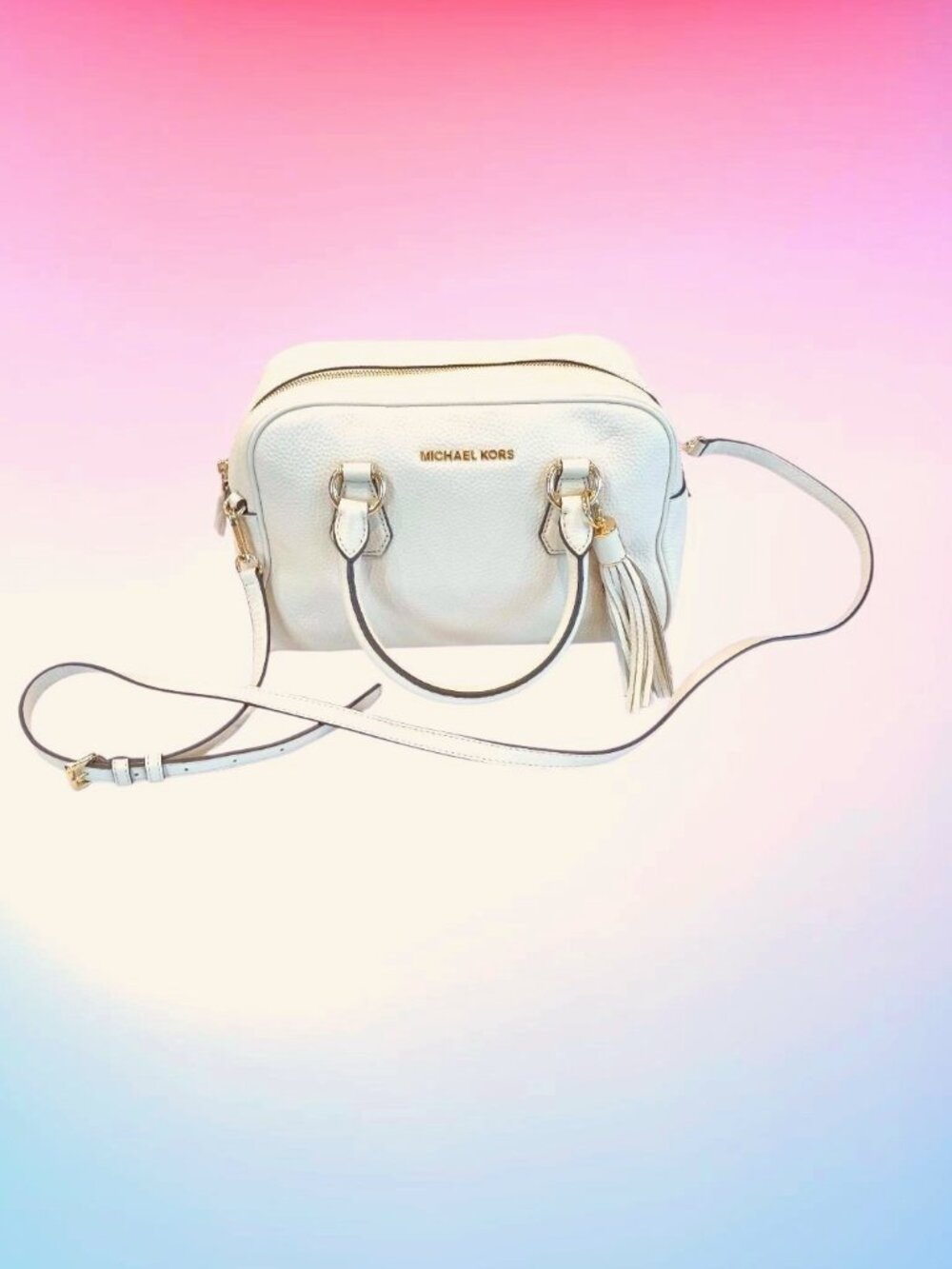 NEW Michael Kors Bedford Satchel Purse Medium Ecru Off White Zip Tassel Leather